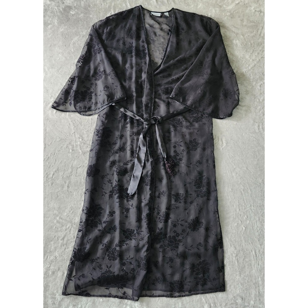 VTG Valerie Stevens Vintage Kimono Style Black Rose Sheer Slip Robe, Size Small